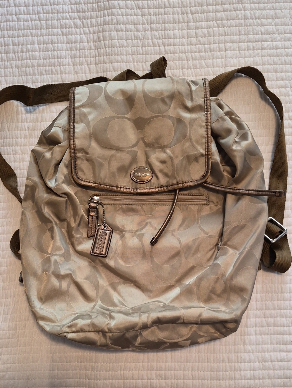 Coach Satin Logo Drawstring Bag Backpack in Taupe and Brown